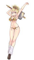 Rule 34 | 1girl, absurdres, armpits, arms up, bare arms, bare shoulders, bikini, blonde hair, blue eyes, breasts, brown footwear, cleavage, collarbone, front-tie bikini top, front-tie top, full body, gluteal fold, groin, halterneck, hammer, highres, holding, holding hammer, horns, large breasts, loafers, long hair, looking at viewer, loose socks, muka tsuku, navel, original, ponytail, shoes, simple background, smile, socks, solo, stomach, strap gap, swimsuit, thighs, white background, white legwear, yellow bikini