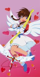 Rule 34 | angel wings, angelic layer, arrow (projectile), blue eyes, bow (weapon), brown hair, doll, heart, heart arrow, highres, hikaru (angelic layer), pink hair, red eyes, scan, suzuhara misaki, weapon, wings