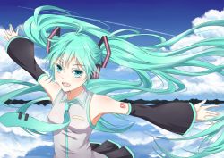 Rule 34 | 1girl, day, green eyes, green hair, hair ornament, hatsune miku, long hair, matching hair/eyes, necktie, open mouth, outstretched arms, pc9527, sky, smile, solo, spread arms, twintails, vocaloid