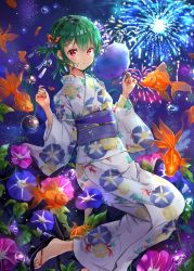 Rule 34 | 1girl, alternate costume, alternate hairstyle, black footwear, blue flower, blue sash, blush, bow, braid, commentary request, cotton candy, crown braid, feet out of frame, fireworks, fish, floral print, flower, food, goldfish, green hair, hair between eyes, hair bow, hands up, highres, holding, holding food, japanese clothes, jumping, kazami yuuka, kimono, leaf, long sleeves, looking at viewer, morning glory print, nail polish, night, night sky, obi, purple flower, red nails, sandals, sash, shironeko yuuki, short hair, sky, smile, solo, star (sky), starry sky, touhou, water drop, white kimono, wide sleeves, wind chime, yukata