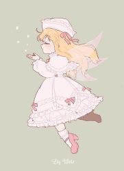 Rule 34 | 1girl, alternate costume, blonde hair, blowing, bobby socks, bow, capelet, character name, closed eyes, dress, dress bow, fairy wings, floating, frilled capelet, frilled dress, frilled hat, frilled socks, frills, from side, full body, green background, hand up, hat, hat bow, hat ribbon, high heels, highres, light blush, lily white, long hair, long sleeves, mary janes, multiple wings, one-hour drawing challenge, petals, pink bow, pink footwear, pink ribbon, profile, ribbon, sakurasaka, shoes, simple background, socks, solo, touhou, wavy hair, white capelet, white dress, white hat, white socks, wings