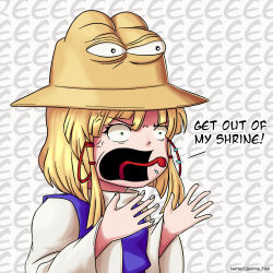 Rule 34 | 1girl, angry, blonde hair, commentary, english text, green eyes, hair ribbon, highres, jemmafinn, long sleeves, medium hair, moriya suwako, open mouth, parted bangs, pepe the frog, purple vest, pyonta, red ribbon, ribbon, screaming, shirt, solo, tongue, tongue out, touhou, turtleneck, upper body, v-shaped eyebrows, vest, white background, white shirt, wide sleeves, yellow eyes