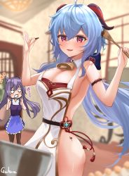 Rule 34 | 2girls, :d, ahoge, apron, bell, blue hair, blush, bow, breasts, chocolate, cleavage, cone hair bun, cooking, cowbell, dress, gahara, ganyu (genshin impact), genshin impact, hair bow, hair bun, highres, keqing (genshin impact), large breasts, multiple girls, naked apron, o o, open mouth, purple eyes, smile, spoon, sweatdrop, twintails