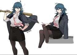 1girl alternate_costume baseball_bat black_jacket black_pantyhose black_skirt breasts byleth_(female)_(fire_emblem) byleth_(fire_emblem) cigarette closed_mouth collared_shirt commentary contemporary crossed_legs english_commentary fire_emblem fire_emblem:_three_houses hand_on_own_hip holding holding_baseball_bat jacket jacket_on_shoulders medium_breasts necktie nintendo open_clothes open_jacket pantyhose pink_necktie shirt simple_background sitting skinipik skirt smoking white_background white_shirt