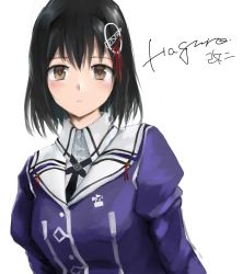 Rule 34 | 1girl, 73suke, absurdres, black hair, brown eyes, character name, commentary request, haguro (kancolle), haguro kai ni (kancolle), hair ornament, highres, kantai collection, looking at viewer, military, military uniform, short hair, simple background, solo, uniform, upper body, white background