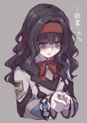 Rule 34 | 1girl, bags under eyes, black hair, bow, bowtie, empty eyes, freckles, green eyes, grey background, gunparade march, headband, highres, ishizu moe, jimiko, long hair, looking at viewer, own hands together, parted lips, red bow, red bowtie, red headband, satomura kyou, solo, translation request, wavy hair