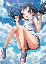 Rule 34 | 1girl, :o, amano hina (tenki no ko), bare arms, bare shoulders, black hair, blue eyes, blue shorts, blue sky, cloud, cloudy sky, commentary request, day, full body, grey footwear, hands up, highres, hood, hood down, hoodie, itakurakou1993, long hair, looking at viewer, open mouth, outdoors, shoes, short shorts, shorts, sky, sleeveless, sleeveless hoodie, solo, tenki no ko, twintails, white hoodie