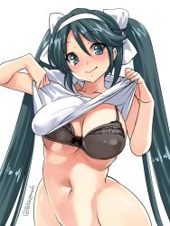 Rule 34 | 1girl, ass, black bra, blush, bottomless, bra, breasts, cleavage, clothes lift, green eyes, green hair, hairband, highres, isuzu (kancolle), kantai collection, large breasts, lifting own clothes, long hair, looking at viewer, navel, shirt, shirt lift, simple background, smile, solo, takase muh, twitter username, underwear, undressing, white background, white hairband, white shirt