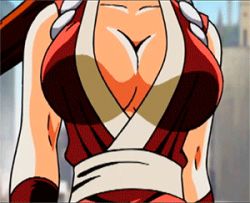 Rule 34 | 1girl, animated, animated gif, bouncing breasts, breasts, cleavage, fatal fury, from below, japanese clothes, large breasts, long hair, lowres, ninja, no bra, ponytail, shiranui mai, the king of fighters, the king of fighters &#039;94, view between breasts, walking, zooming out