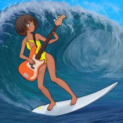 Rule 34 | 1girl, bass guitar, blue sky, blush, breasts, brown hair, commentary request, commission, dark-skinned female, dark skin, day, fender precision bass, full body, gradient hair, green eyes, highres, holding, holding instrument, instrument, multicolored hair, ocean, omodaka (nitera1041), one-piece swimsuit, orange hair, orange nails, original, photo background, pixiv commission, short hair, sky, small breasts, solo, surfboard, surfing, swimsuit, two-tone hair, water, waves, yellow one-piece swimsuit