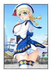Rule 34 | 1girl, ass, blonde hair, blue eyes, braid, capcom, clothes lift, dixie cup hat, hat, highres, looking at viewer, military hat, miniskirt, monster hunter, monster hunter (series), monster hunter 3 g, panties, pantyshot, quest receptionist (monster hunter 3 ultimate), sailor, sailor collar, sailor hat, skirt, solo, thighhighs, underwear, upskirt, white thighhighs, youshuu