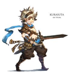Rule 34 | 1boy, artist name, bad id, bad pixiv id, boots, bracer, brown footwear, brown pants, clenched hand, fantasy, full body, headband, highres, holding, holding sword, holding weapon, kurasuta, male focus, navel, original, pants, pouch, solo, spiked hair, standing, sword, weapon, white hair