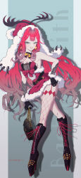 Rule 34 | 1girl, absurdres, atenderliver, baobhan sith (fate), breasts, fate/grand order, fate (series), full body, fur trim, grey eyes, highres, large breasts, long hair, looking at viewer, open mouth, pink hair, pointy ears, santa costume, sidelocks, smile, solo