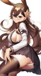 Rule 34 | 1girl, animal ears, armband, azur lane, black skirt, black thighhighs, blush, braid, breasts, brown hair, chikuma (azur lane), closed mouth, commentary request, cowboy shot, crossed bangs, curly hair, dot nose, earrings, frilled skirt, frills, hair between eyes, hair ornament, hair over shoulder, hair ribbon, jewelry, long hair, long sleeves, looking at viewer, looking back, medium breasts, mole, mole under mouth, omochimochi, orange eyes, panties, pantyshot, rabbit ears, rabbit girl, ribbon, shadow, sideboob, simple background, skirt, solo, thighhighs, tress ribbon, underwear, white background, white panties, white ribbon