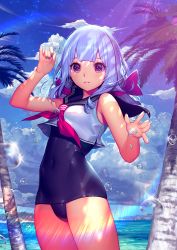 Rule 34 | 1girl, arm up, bare arms, bare shoulders, black one-piece swimsuit, blue nails, blue sailor collar, blue sky, blush, cloud, cloudy sky, covered navel, cowboy shot, crop top, day, green nails, hair ribbon, horizon, legs together, light rays, long hair, looking at viewer, mandrill, nail polish, neckerchief, ocean, one-piece swimsuit, original, outdoors, palm tree, parted lips, plant, purple ribbon, ribbon, sailor collar, school swimsuit, shiny clothes, shirt, sky, sleeveless, sleeveless shirt, solo, sparkle, standing, sunlight, swimsuit, thighs, tree, water, water drop, wet, wet clothes, white shirt
