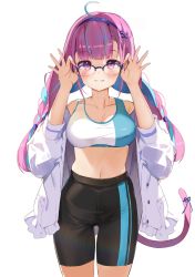 Rule 34 | 1girl, ahoge, anchor hair ornament, bike shorts, blue hair, braid, breasts, cat tail, cleavage, collarbone, commentary request, exercising, glasses, hair ornament, high-waist shorts, highres, hololive, jacket, medium breasts, minato aqua, multicolored hair, navel, pink hair, shorts, sidelocks, solo, sports bra, tail, taut clothes, taut shorts, togo (korlsj1235), twintails, two-tone hair, two-tone sports bra, virtual youtuber, white background, white jacket