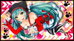 Rule 34 | 1girl, aqua hair, border, cat food (vocaloid), chaos966, choker, detached sleeves, hatsune miku, highres, kanna (chaos966), long hair, open mouth, pantyhose, project diva (series), project diva f, skirt, solo, striped clothes, striped pantyhose, twintails, vertical-striped clothes, vertical-striped pantyhose, vocaloid, yellow eyes