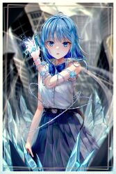 Rule 34 | 1girl, absurdres, belt, blue bow, blue bowtie, blue eyes, blue hair, blue skirt, blurry, blurry background, bow, bowtie, brown belt, building, buttons, collared shirt, commentary request, cryokinesis, flower, hand up, highres, ice, ice crystal, ice flower, korean commentary, looking at viewer, magic, mixed-language commentary, nemesiss shido, open mouth, original, pleated skirt, rose, shirt, skirt, sleeveless, sleeveless shirt, solo, thorns, white shirt
