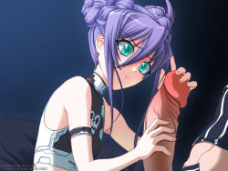 Rule 34 | 00s, 1boy, 1girl, al azif, aqua eyes, armband, bare shoulders, blush, closed mouth, covered collarbone, demonbane, double bun, fingernails, flat chest, from side, game cg, glans, glansjob, gradient background, hair bun, handjob, hetero, large penis, looking at another, nishii (damnedrive), nitroplus, penis, purple hair, short hair, signature, simple background, sleeveless, solo focus, two-handed handjob, uncensored, veins, veiny penis
