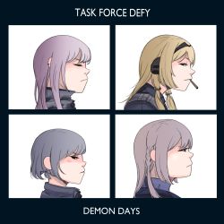 Rule 34 | 4girls, ak-12 (girls&#039; frontline), ak-15 (girls&#039; frontline), album cover, an-94 (girls&#039; frontline), blonde hair, braid, cigarette, cover, defy (girls&#039; frontline), demon days (gorillaz), closed eyes, facing to the side, from side, girls&#039; frontline, gorillaz, grey hair, headphones, highres, long hair, looking at viewer, multiple girls, parabellum, parody, rpk-16 (girls&#039; frontline), short hair, smoking