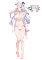 Rule 34 | 2girls, absurdres, animal ear fluff, animal ears, antenna hair, azur lane, bikini, black ribbon, blush stickers, breasts, chibi, chibi inset, cleavage, closed eyes, closed mouth, cosplay, feet out of frame, grey hair, groin, hair ribbon, hand up, highres, jacket, large breasts, long hair, long sleeves, looking at viewer, moyoron, multicolored hair, multiple girls, navel, official alternate costume, parted bangs, prinz eugen (azur lane), red hair, ribbon, shinano (azur lane), shinano (azur lane) (cosplay), shinano (dreamy white sands) (azur lane), sideboob, simple background, sleeping, sleeves past wrists, smile, standing, stomach, streaked hair, swimsuit, tail, thigh gap, two side up, underboob, very long hair, white background, white bikini, white jacket, wide sleeves, zzz