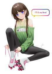 Rule 34 | 1girl, absurdres, bare shoulders, black pantyhose, blue eyes, blunt bangs, brown hair, closed mouth, forehead, full body, green shirt, green sleeves, highres, hood, hood down, long bangs, long hair, looking at viewer, low twintails, mixed-language commentary, multicolored eyes, off-shoulder shirt, off shoulder, original, pantyhose, parted bangs, purple eyes, roller skates, shirt, signature, simple background, sitting, skates, smile, solo, sparkling eyes, speech bubble, spread legs, teddyellow, thighs, twintails, tying, white background