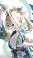 Rule 34 | 1girl, absurdres, aqua eyes, bandages, blonde hair, breasts, cleavage, highres, hololive, kazama iroha, looking at viewer, maio05321, medium breasts, ponytail, solo, sword, virtual youtuber, weapon