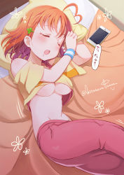 Rule 34 | 10s, 1girl, ahoge, bed, blouse, blue eyes, blush, bra, breasts, cellphone, clenched hand, clover hair ornament, crop top, drooling, closed eyes, hair ornament, heart, heart ahoge, kitahara tomoe (kitahara koubou), love live!, love live! sunshine!!, lying, medium breasts, medium hair, midriff, no bra, on side, open mouth, orange hair, pants, phone, pillow, pink bra, pink pants, shirt, smartphone, solo, sweatband, takami chika, translation request, twitter username, underboob, underwear, wristband, yellow shirt