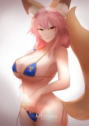 Rule 34 | 1girl, absurdres, animal ear fluff, animal ears, artist name, arturaxia, bare shoulders, bikini, blue bikini, breasts, cleavage, closed mouth, collarbone, fate/grand order, fate (series), fox ears, fox girl, fox tail, hair between eyes, hair over shoulder, highres, large breasts, long hair, looking at viewer, navel, pink hair, smile, swimsuit, tail, tamamo (fate), tamamo no mae (fate/extra), tamamo no mae (swimsuit lancer) (fate), yellow eyes