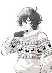 Rule 34 | 1boy, adjusting clothes, ahoge, alternate costume, animal print, bishounen, christmas sweater, commentary request, deer, expressionless, gloves, granblue fantasy, greyscale, hair between eyes, light frown, looking at viewer, male focus, masakane, messy hair, monochrome, print sweater, sandalphon (granblue fantasy), short hair, solo focus, sweater, turtleneck, turtleneck sweater, upper body, white background