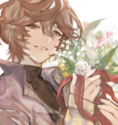 Rule 34 | 1boy, ahoge, bouquet, brown hair, commentary request, flower, granblue fantasy, hair between eyes, holding, holding bouquet, looking at viewer, male focus, messy hair, official alternate costume, plaid sleeves, popped collar, red eyes, rose, sandalphon (granblue fantasy), shirt, short hair, smile, solo focus, tekki (tki), turtleneck, white flower, white rose, white shirt