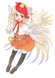Rule 34 | 1girl, :d, animal, animal on head, belt, bird, black thighhighs, blonde hair, brown belt, brown footwear, chick, commentary request, feathered wings, hand up, loafers, looking at viewer, miniskirt, multicolored hair, niwatari kutaka, on head, open mouth, orange skirt, puffy short sleeves, puffy sleeves, puuakachan, red eyes, red hair, shirt, shoes, short hair, short sleeves, simple background, skirt, smile, solo, thighhighs, touhou, translation request, two-tone hair, white background, white shirt, wings, yellow wings, zettai ryouiki