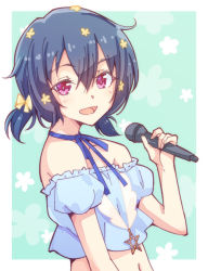 Rule 34 | 10s, 1girl, :d, bare shoulders, blue hair, blue ribbon, blue shirt, bow, choker, crop top, e20, flower, green eyes, hair between eyes, hair bow, hair flower, hair ornament, holding, holding microphone, looking at viewer, microphone, mizuno ai, navel, open mouth, outside border, purple eyes, ribbon, ribbon choker, shirt, short hair, short twintails, smile, solo, star (symbol), twintails, upper body, yellow bow, zombie land saga