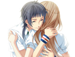 Rule 34 | 1boy, 1girl, ^ ^, black hair, brown hair, closed eyes, closed mouth, couple, from behind, game cg, hetero, hug, kinose azusa, simple background, starry sky (game), sweatband, upper body, white background, yahisa tsukiko