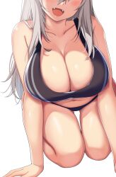 Rule 34 | 1girl, :d, all fours, bare shoulders, blush, bra, breasts, cleavage, collarbone, fangs, gluteal fold, grey hair, hair between eyes, head out of frame, highres, hololive, huge breasts, lion girl, long hair, navel, open mouth, panties, sakanaya (sakanaya952), shishiro botan, smile, solo, sports bra, striped bra, striped clothes, thigh gap, thighs, underwear, virtual youtuber