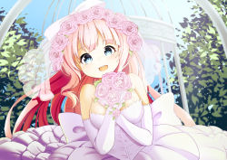 Rule 34 | 1girl, :d, absurdres, bare shoulders, blue eyes, blue sky, blush, bouquet, bow, breasts, bridal gauntlets, bridal veil, bride, dress, flower, gazebo, hair bow, hair flower, hair ornament, highres, holding, holding bouquet, long hair, looking at viewer, medium breasts, open mouth, original, outdoors, pink hair, plant, sky, smile, solo, thiana0225, upper body, veil, very long hair, wedding dress, white bow, white dress
