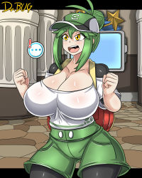 Rule 34 | !, ..., 1girl, alternate hair color, bettie (pokemon), blush, clothes, creatures (company), dr. bug, female focus, game freak, green eyes, green hair, hair bun, hat, highres, long hair, looking at viewer, nintendo, open mouth, pokemon, pokemon masters ex, smile, solo, speech bubble, yellow eyes