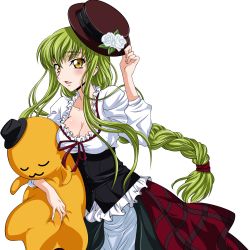 Rule 34 | 1girl, absurdres, bow, braid, breasts, c.c., cheese-kun, cleavage, code geass, female focus, flower, frills, green hair, hat, hat flower, highres, iyou, long hair, open mouth, pizza hut, single braid, skirt, solo, transparent background, very long hair, yellow eyes, yukkyun