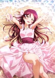 Rule 34 | 1girl, absurdres, beach, blush, breasts, collarbone, commentary request, dress, earrings, hair ornament, hair ribbon, half updo, highres, jewelry, kougi hiroshi, long hair, looking at viewer, love live!, love live! sunshine!!, lying, necklace, on back, pink dress, pink scrunchie, red hair, ribbon, sakurauchi riko, scrunchie, small breasts, solo, textless version, water, wet, wet clothes, wrist scrunchie, yellow eyes