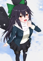 Rule 34 | 1girl, absurdres, alternate costume, black hair, black pantyhose, black skirt, boots, bow, green bow, hair bow, highres, jacket, long hair, looking at viewer, o1118, open clothes, open jacket, open mouth, pantyhose, red eyes, reiuji utsuho, scarf, skirt, snow, snowing, solo, touhou, white scarf, wings