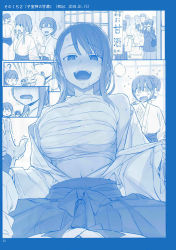 Rule 34 | 2boys, 3girls, :d, absurdres, ai-chan (tawawa), amazake (drink), blue theme, blush, breasts, comic, cup, drooling, drunk, flying sweatdrops, getsuyoubi no tawawa, highres, himura kiseki, holding another&#039;s wrist, japanese clothes, jitome-chan (tawawa), large breasts, maegami-chan (tawawa), miko, monochrome, multiple boys, multiple girls, navel, o o, open mouth, panicking, partially translated, ponytail, pov, pov hands, ringed eyes, saliva, sarashi, scan, silent comic, smile, sweat, translation request, undressing, veins