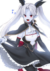 Rule 34 | 1girl, akagi kurage, arm warmers, beamed eighth notes, black dress, black pantyhose, colored skin, dress, eden (sennen sensou aigis), fang, grey skin, highres, long hair, looking at viewer, musical note, open mouth, pantyhose, pointy ears, red eyes, sennen sensou aigis, skirt hold, smile, solo, standing, twintails, vampire, white hair, white neckwear