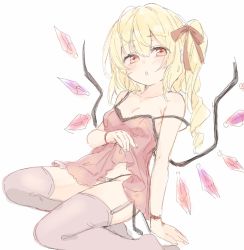 Rule 34 | 1girl, :o, babydoll, bare arms, bare shoulders, black panties, blonde hair, breasts, flandre scarlet, garter straps, hair ribbon, highres, long hair, looking at viewer, panties, paragasu (parags112), pink thighhighs, red eyes, red ribbon, ribbon, side-tie panties, side ponytail, simple background, sitting, sketch, small breasts, solo, strap slip, thighhighs, touhou, underwear, untied panties, white background, wings