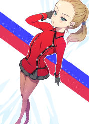 Rule 34 | 1girl, 2014 winter olympics, blonde hair, blush, brown pantyhose, dutch angle, earrings, figure skating, forehead, foreshortening, gloves, green eyes, hairline, highres, ice skates, jewelry, olympics, open mouth, pantyhose, perspective, pochi (pochi-goya), ponytail, real life, russia, russian text, short hair, skates, solo, standing, yulia lipnitskaya