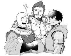 Rule 34 | 3boys, arash (fate), bare shoulders, beard, blush, collar, crossed arms, facial hair, fate/grand order, fate (series), goatee, greyscale, grin, houzouin inshun (fate), jacket, long sideburns, male focus, mitosansan, monochrome, multiple boys, muscular, napoleon bonaparte (fate), open clothes, open jacket, pectoral cleavage, pectorals, scar, scar on face, scar on forehead, sideburns, smile
