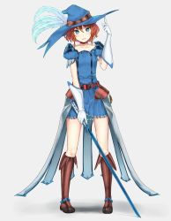 Rule 34 | 1girl, ata (egalite), bad id, bad pixiv id, belt, blue eyes, boots, brown footwear, cavalier hat, choker, feathers, full body, gloves, hat, highres, knee boots, looking at viewer, musketeer, orange hair, original, parted lips, short hair, simple background, skirt, smile, solo, standing, sword, weapon