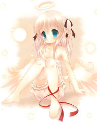 Rule 34 | 1girl, angel, angel wings, ankle ribbon, bare shoulders, blonde hair, bloomers, blue eyes, blush, collarbone, dearoliha, flat chest, hair ribbon, halo, highres, knees together feet apart, leg ribbon, light particles, long hair, looking at viewer, no bra, on floor, open mouth, original, ribbon, sitting, solo, strap slip, thighhighs, twintails, underwear, white thighhighs, wings