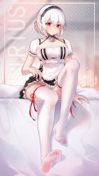 Rule 34 | 1girl, absurdres, albino, anchor, apron, arm at side, artist name, azur lane, bed sheet, black hairband, black skirt, blush, breasts, character name, cleavage, clothes lift, collarbone, frilled apron, frilled skirt, frilled sleeves, frills, hair between eyes, hairband, high-waist skirt, highres, knee up, large breasts, leg ribbon, lifting own clothes, light frown, looking at viewer, no shoes, on bed, panties, pantyshot, polka dot, polka dot background, puffy short sleeves, puffy sleeves, red eyes, red ribbon, ribbon, short sleeves, side-tie panties, sirius (azur lane), sitting, skirt, skirt lift, soles, solo, stardust (chen&#039;ai weiding), thigh ribbon, thighhighs, underwear, waist apron, white apron, white hair, white panties, white thighhighs