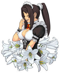Rule 34 | 1girl, bow, breasts, brown hair, cleavage, earrings, closed eyes, flower, jewelry, large breasts, laughing, lily (flower), maid, maid headdress, maruta kentarou, original, ponytail, solo