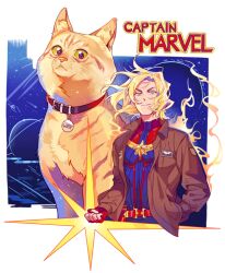 Rule 34 | 1girl, animal, animal ear fluff, animal ears, animal nose, animification, belt, black eyes, blonde hair, blue bodysuit, blue eyes, blue sky, bodysuit, border, brown jacket, captain marvel, captain marvel (film), carol danvers, cat, cat ears, cat tail, character name, clenched hand, closed mouth, collar, collared jacket, colored sclera, goose (marvel), hand in pocket, hand up, inzup, jacket, long sleeves, looking at viewer, marvel, marvel cinematic universe, military jacket, open clothes, open jacket, outside border, pocket, red belt, red bodysuit, red collar, saturn (planet), short hair, sky, smile, space, sparkle, standing, star (sky), star (symbol), starry sky, superhero costume, tail, two-tone bodysuit, v-shaped eyebrows, white border, yellow fur, yellow sclera